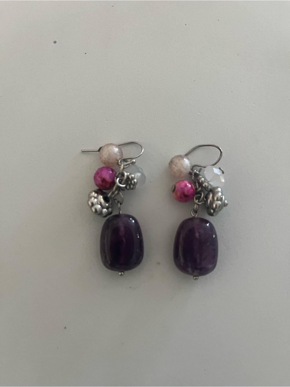 Chico's Purple Bead Dangle Earrings with Pink and Silver Accents